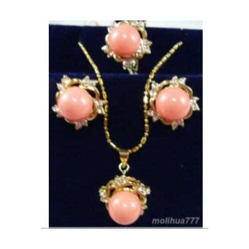Pink Coral Crystal Flower Pendant Necklace Earring Ring