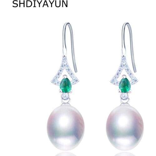 SHDIYAYUN 2019 Fine Pearl Earrings Pearl Natural Pearl Green Zircon Earring 925 Sterling Silver Jewelry For Women Wholesale