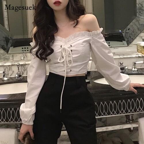 Chic Vintage Spring Shirt Solid Cotton One-word Shoulder Tops for Women Strap Long Sleeve Office Lady Sweet Blouse Blusa 14314
