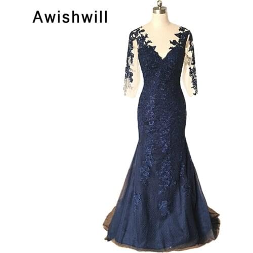 Modest Mother Formal Party Dress Navy Blue Lace Appliques Elegant Long Sleeve Evening Dress Gowns Mermaid Vestidos de Noche