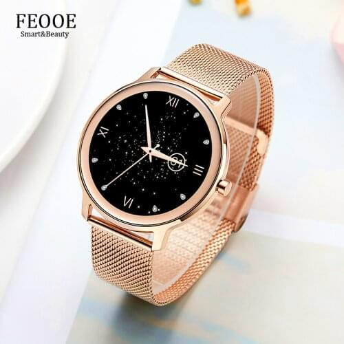 FEOOE Multiple Dials Sports Women Blood Pressure Full Touch Girl Metal Smart Watch Message Puch Bracelat Female Smartwatch YD