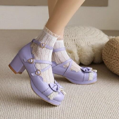 ZawsThia Purple Cross Buckle Strap Platform Med Heels Japanese Girls Lolita JK Mary Janes Pumps Butterfly Shoes Big Size 47 48