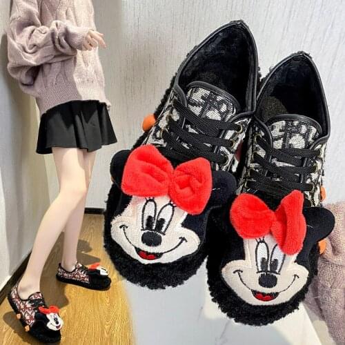 Disney plus velvet cotton shoes women 2021 winter new fashion student flat-bottomed cute cartoon casual shoes sports shoes