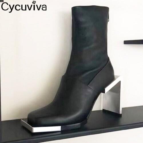 New Metal Square Toe Ankle Boots Women Strange Heel Streth Slim Women Boots Black Silk Party Shoes Woman Spring Botas Mujer 2021