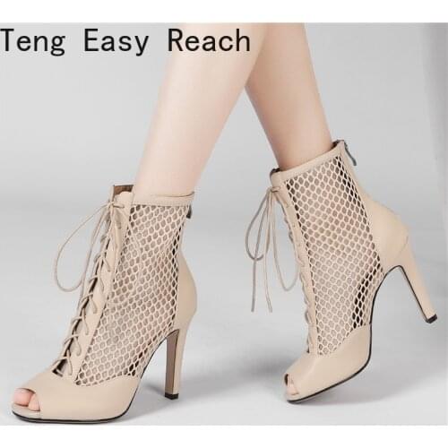 Mesh Summer Ankle Boots for Women Sexy Lace-up High Heels Short Boots Women Shoes 2021 Peep Toe Black White Party Shoes Ladies