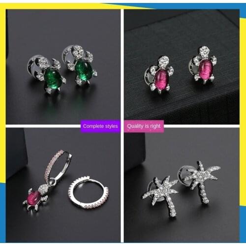 2020 summer new turtle coconut tree pineapple diamond gemstone earrings creative cute design sense women brand jewelry