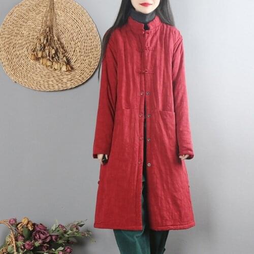 2020 Chinese Style Trench Coats Winter Windbreakers Long Jackets For Women Cotton Robe Vintage Femme Han Chinese Clothing 11877