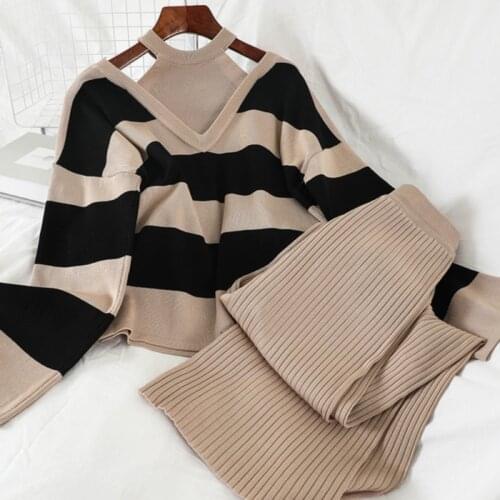 2021 New Autumn 2PCS Set Women Knitted Pullovers Sweater Halter Stripe Jumper Tops + Wide Leg Long Pants Suits Tracksuits