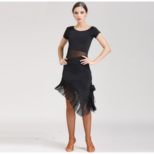 Free Shipping Sexy Black Short Sleeve Latin Dance Dress with Mesh on Waist Tassel Dress Performance Costumes for Women A0101