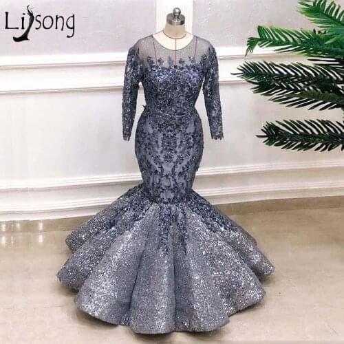 2021 Gorgeous Arabic Evening Dresses Mermaid Silver Grey Sequined Beads Sparkly Long Prom Dress vestidos robe de soirée