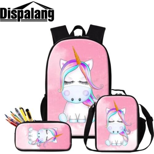 3 in 1 Set Unicorn School Backpacks for Teen Girls Cooler Lunch Set Bag Cute Bookbag Kid Zipper Pencil Case for Chidlren Mochila