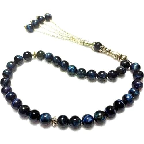 8mm Blue Tiger Eyes Natural Stone 33 Prayer Beads With Alloy Tassel Islamic Muslim Tasbih Allah For Men&Women Free Shipping