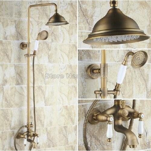 Antique Brass Wall Mounted Rain Shower Faucet Set with Handheld Shower Head / Bathroom Ceramic Handles Bathtub Mixer Taps Wrs160