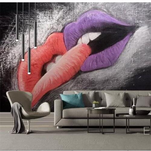 Beibehang Creative hand-painted oil painting red lips have love background wall custom large mural green wallpaper