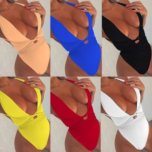 One Piece Braid Bandage Swimsuit 2020 Sexy Deep-V Swimwear Monokini Halter Backless Bathing Suit Women Brazilian Swim Wear