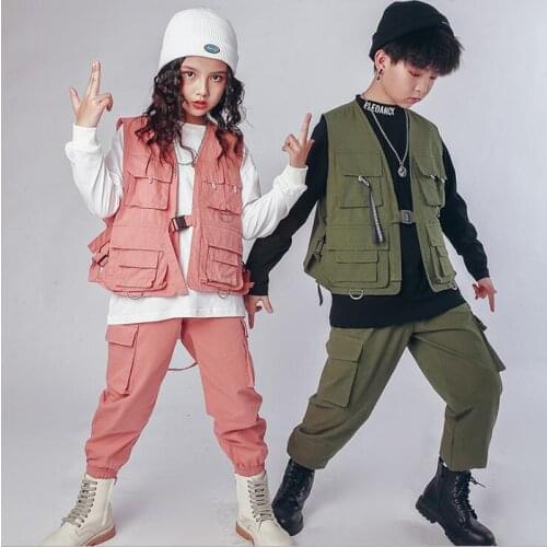 Kids Ballroom Festival Hip Hop dancing Outfits Sweatshirt Tops Tactical Cargo Pants for Girls Boys Dance Costume Clothes Wear