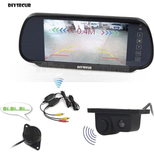 DIYSECUR Wireless Parking System Video Parking Radar Sensor Rear View Car Camera 7inch Car Mirror Monitor Rear View Monitor