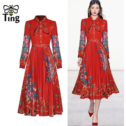 Tingfly Designer Runway Vintage Elegant Floral Midi Long Pleated Party Dresses Long Sleeve Button Up Princess Vestidos Elbise Za