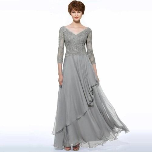 Elegant Mother of The Bride Dress V-neck Lace Floor-Length Wedding Party Gowns Three Quarter Chiffon Mother Dresses for Wedding
