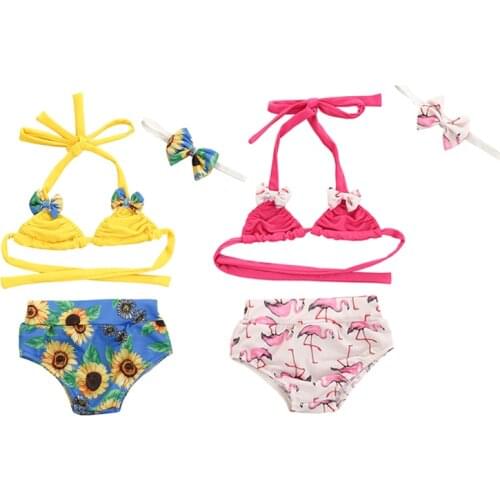 FOCUSNORM Summer Infant Baby Girl Swimsuit Suit Bikini + Panties + Bow Headband Adjustable Strap Sunflower Print Summer Clothing