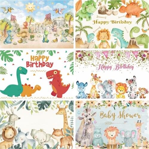 Laeacco Watercolor Cartoon Dinosaur World Baby Boy Birthday Party Banner Backdrop Photographic Photo Background For Photo Studio