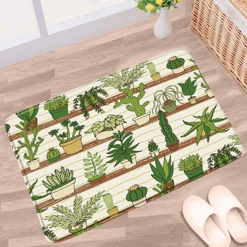 Tropical Plant Bathroom Mat Cactus Jungle Green Leaf Floral Pattern Non-slip Rug Flannel Decor Bath Kitchen Doorway Aisle Carpet