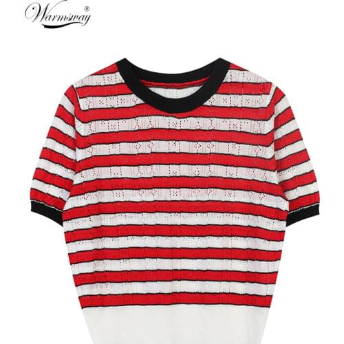 Summer New Hit Color Hollowed-Out Knitted Casual T-Shirt Hollowed-Out Striped Tee Slim Fit Women T-shirts B-149