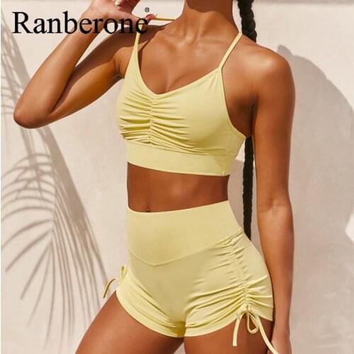 Ranberone Hot Selling Fitness Womens Clothing New Pleated Sling Sleeveless Drawstring Shorts Yoga Wear Fitness Suit Sunmmer