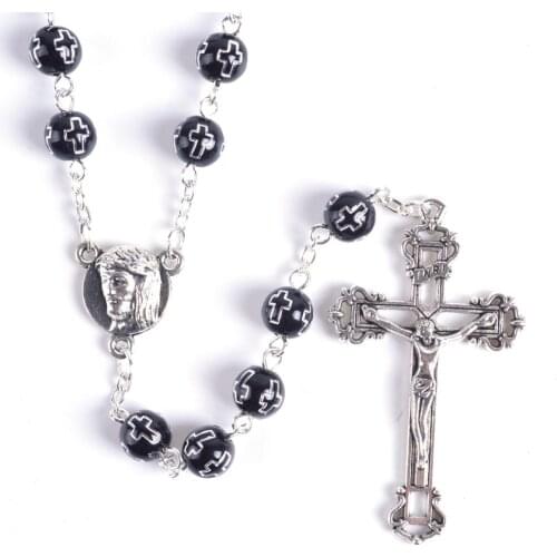 Trendy Popular Religious Round Black Acrylic Beads Jesus and Mary Rosary Necklace