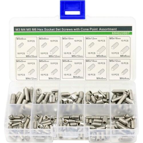 M3 M4 M5 M6 Hex Socket Set Screws with Cone Piont Assortment Kit,Stainless Steel,200 pieces
