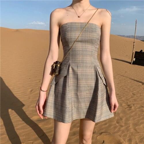 GOOHOJIO 2020 New Summer Temperament Lattice Pattern Dresses Lady Slim Tube Top A-line Female Dress Backless Mini Dress Women