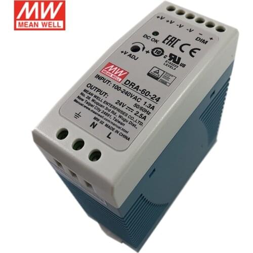 Original MEAN WELL DRA-60-24 60W 24V Constant Current Adjustable DIN Rail Power Supply 110V/220VAC to 24VDC 2.5A Meanwell Module