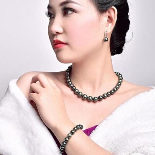 A set 10-11mm natural freshwater peacock green pearl necklace bracelet earring