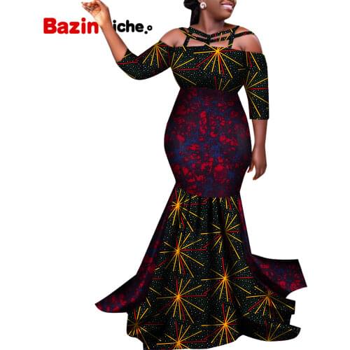 Africa Dress for Sexy Women Event Party Wedding Plus Size Clothing Fashion Patchwork Hip Pleated Floor-length Clothes WY378