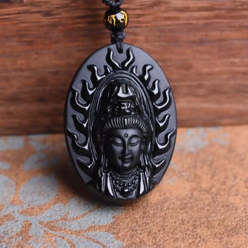 Drop Shipping Fire Guanyin Pendant Obsidian carved Guan Yin black Obsidian pendant Obsidian Jade jewelry