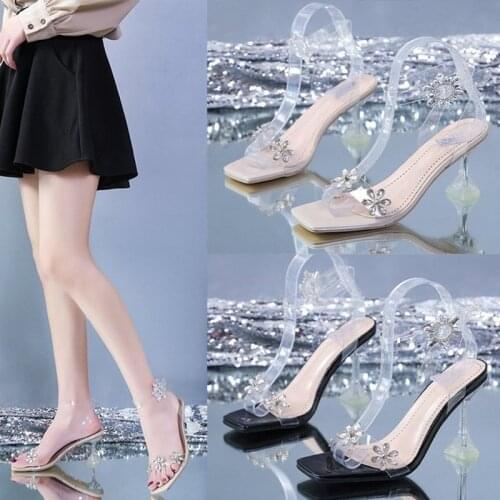 Womens Sandals Diamond Ladies Shoes Square Toe Goblet Heels Female Summer Transparent Thin High Heels Woman Sunflower Footwear