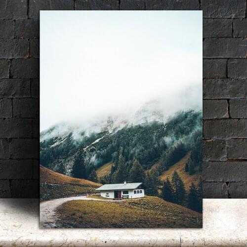 Snow Mountains House Landscape Nordic Posters Prints Wall Art Canvas Painting Black White Wall Pictures For Living Room Decor