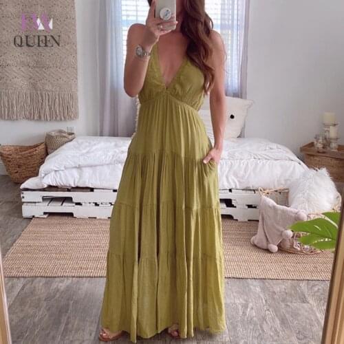 EvaQueen Women Elegant Party Maxi Long Dress Stretch High Waist V Neck Backless Loose Solid Maxi Dresses Summer Beach Vestidos