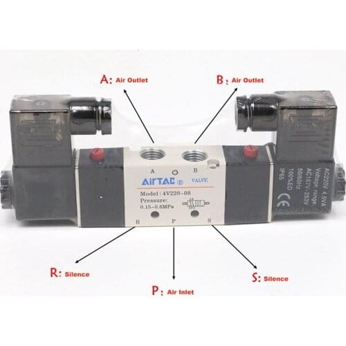 5 way pneumatic solenoid valve 4V220-08F DC12V 1/4" port double solenoid air control valve 0.15~0.8Mpa