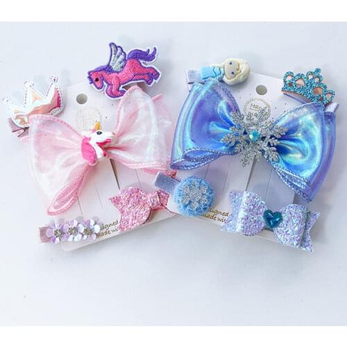5pcs Cartoon Animal Hair Clips Pink Blue Mesh Hair Bows Princess Crown Snowflakes Christmas Festival Party Headwear Accessories