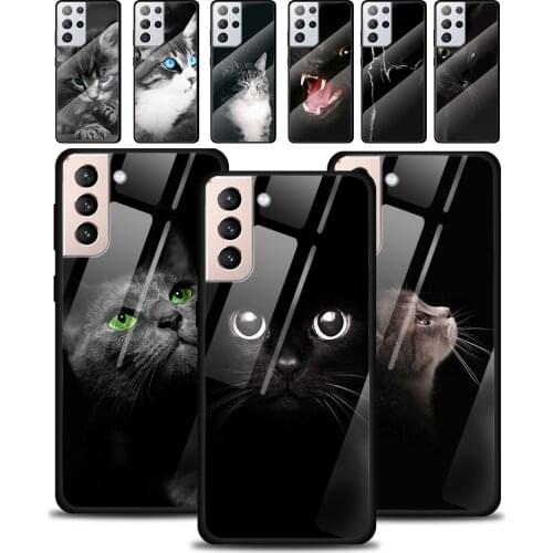 Cute Black Cat Staring Eyes Tempered Glass Cover For Samsung Galaxy S21 Plus Ultra M21 M31 M51 A52 A72 Phone Case Coque
