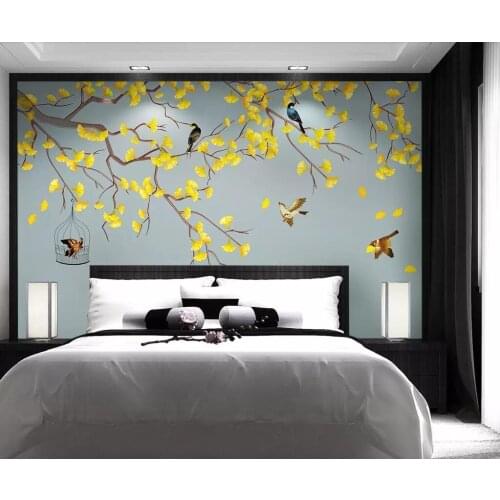 Ginkgo hand painted new Chinese style flowers and birds background wall decoration painting
