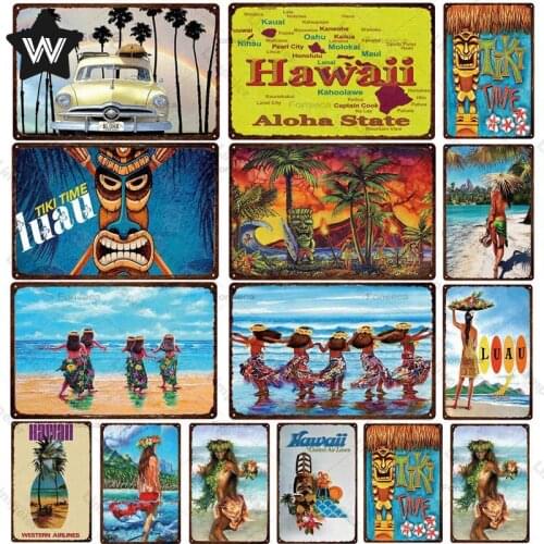 Hawaii Surfing Metal Tin Sign Vintage Wall Sticker Metal Plaque Tin Plate Retro Style Metal Signs Tin Plaques for Man Cave Decor