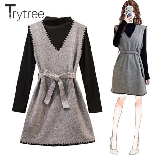 Trytree Autumn Winter Woman Two Piece Set Casual Knitted Basic Top + Blends Tweed Vest Dress Belt Office Lady Set 2 Piece Set