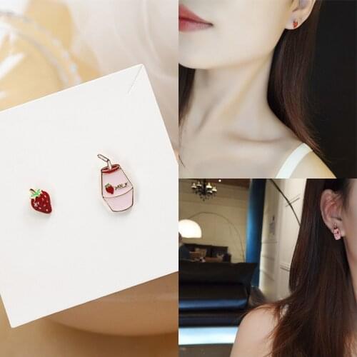 Korean Sweet Strawberry Milk Asymmetrical Stud Earrings Fashion Cute Fruit Earrings for Women Girls Kids Ear Jewelry Gift Trend