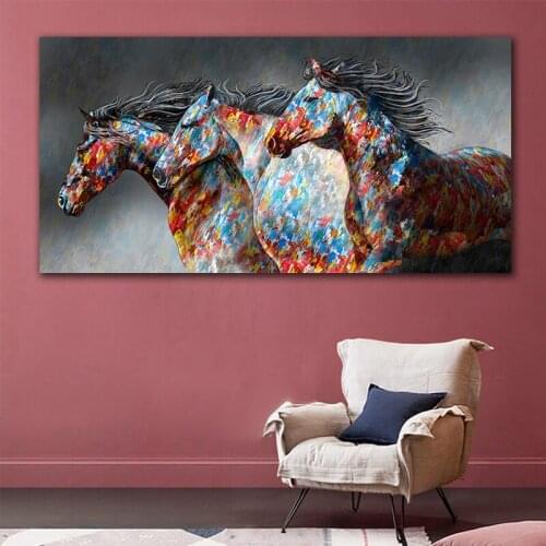 Colorful three running horses canvas painting big size animals wall art for living room wall picture home decoration