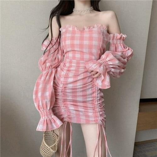 COOLFEL Summer Sweet Mini Dress Sexy Pink Plaid Off Shoulder Bandage Slim Dresses Soft Girls Party Dress For Women