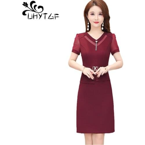 UHYTGF Summer Dresses For Women Fashion Fake Two-Piece Elegant Female Clothes Short Sleeve V-Neck Casual 4XL Plus Size Dress2063