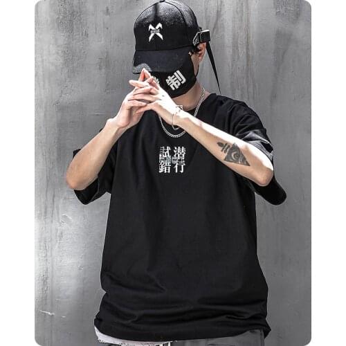 Cyberpunk summer T-shirt Chinese characters High street Mens clothes Harajuku Hip hop fashion oversized chic Gothic streetwear