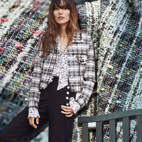 Couture fashion check and striped tweed fabric, shiny metallic lines, sewing for jacket, coat, dress, suits, craft by the yard